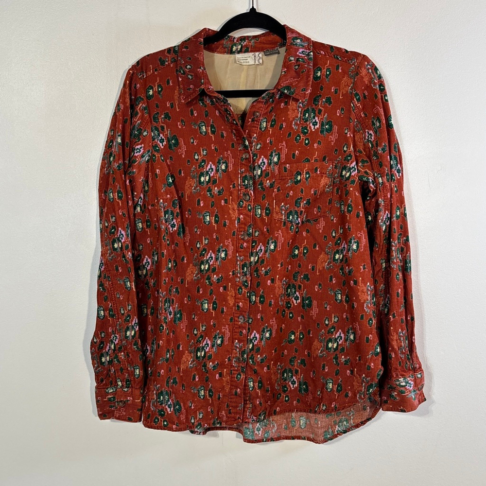 Anthropologie Corduroy Button Down Shirt Women’s Size 8 Brown Green Floral